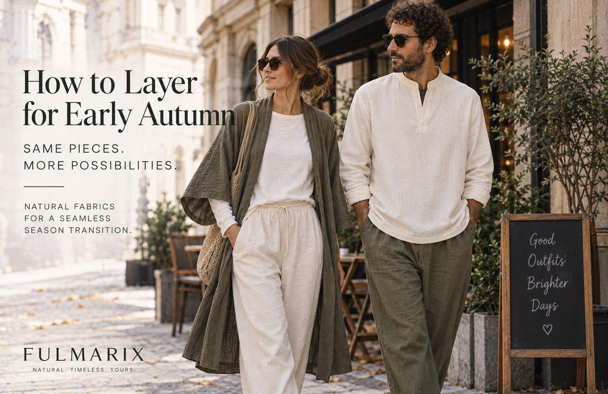 Early autumn layered outfit with natural-fabric clothing in Vienna