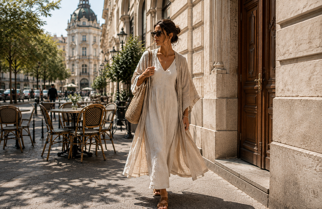 Woman wearing a cotton muslin dress and lightweight kimono on a sunny Vienna street