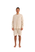 Men's beige cotton-linen cargo shorts with front buttons and side pockets