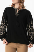 Black cotton blouse with embroidered borders, layered neckline and tassel