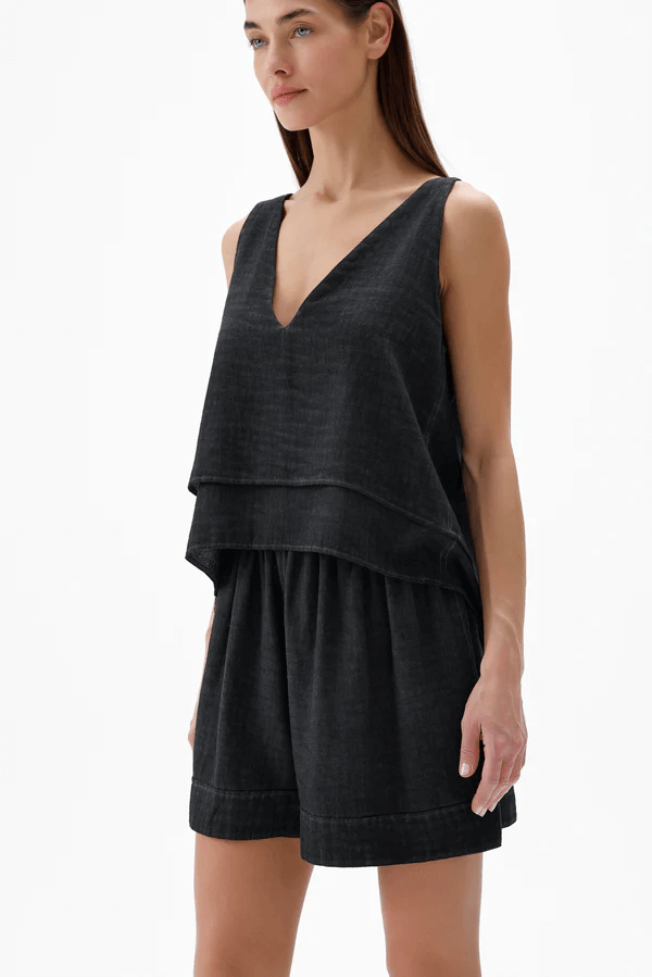 IKIKIZ women's black cotton-linen tank blouse