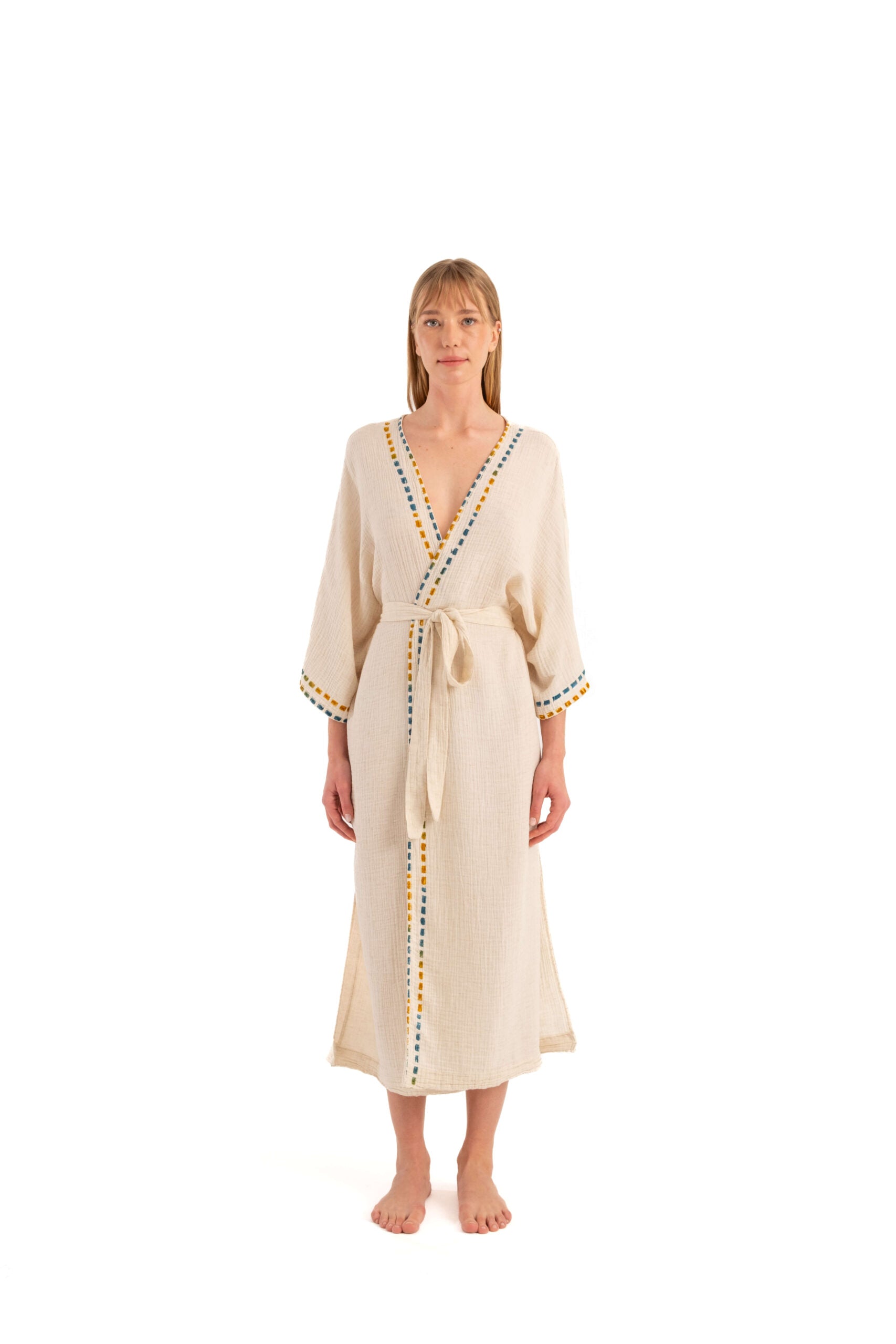 Crinkle Blue-Yellow Kimono (3309) 61 % Cotton, 30 % Lyocell,  9 % Linen
