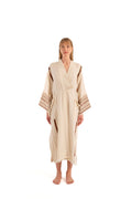 IKIKIZ cotton-linen kimono robe in cream, V-neck with striped cuffs and tie belt
