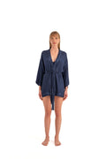IKIKIZ navy TENCEL™ linen short kimono robe with V-neck and tie belt