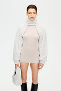 Grey sherpa bolero blouse with long sleeves and high collar, cropped jacket style