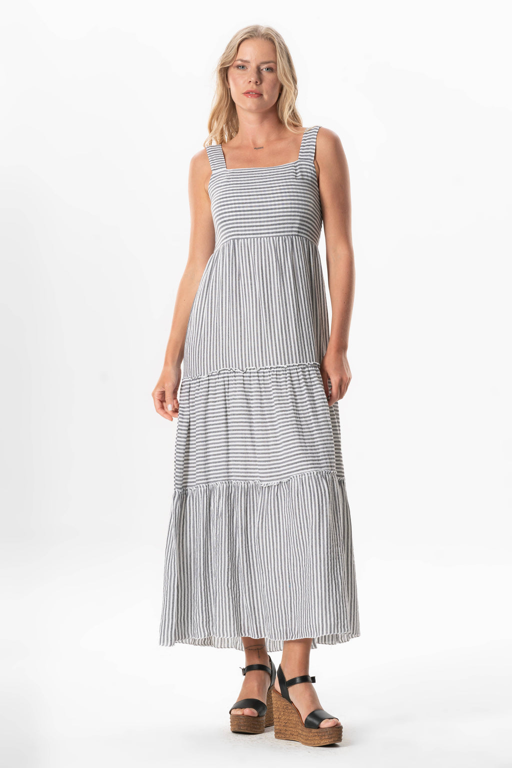 Sleeveless blue-and-white striped tiered midi dress with square neckline and smocked bodice