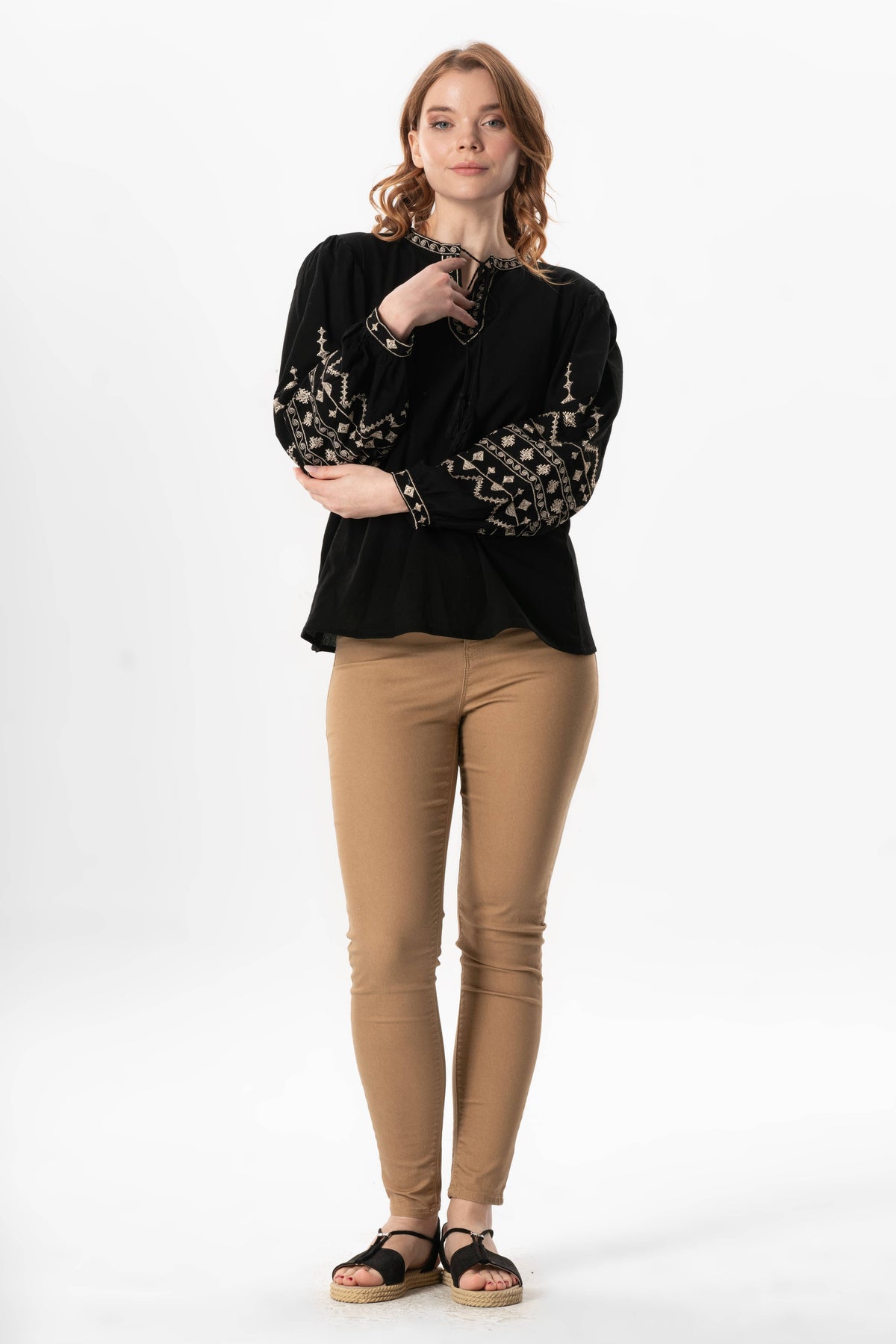FULMARIX women's black cotton long sleeve blouse