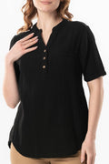 Black cotton muslin blouse with short sleeves, V-neck button placket