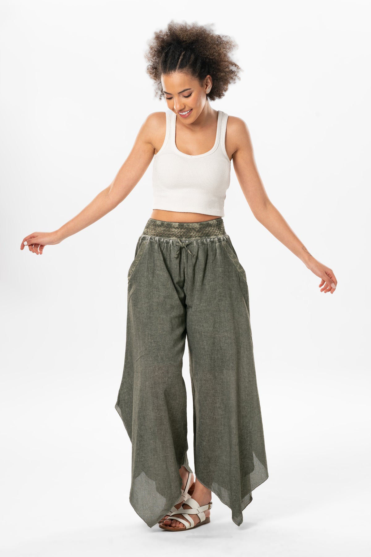FULMARIX women's khaki cotton wide-leg trousers