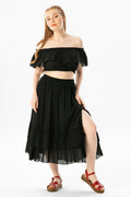 Cotton voile tiered midi skirt with side slit, black, layered ruffle tiers
