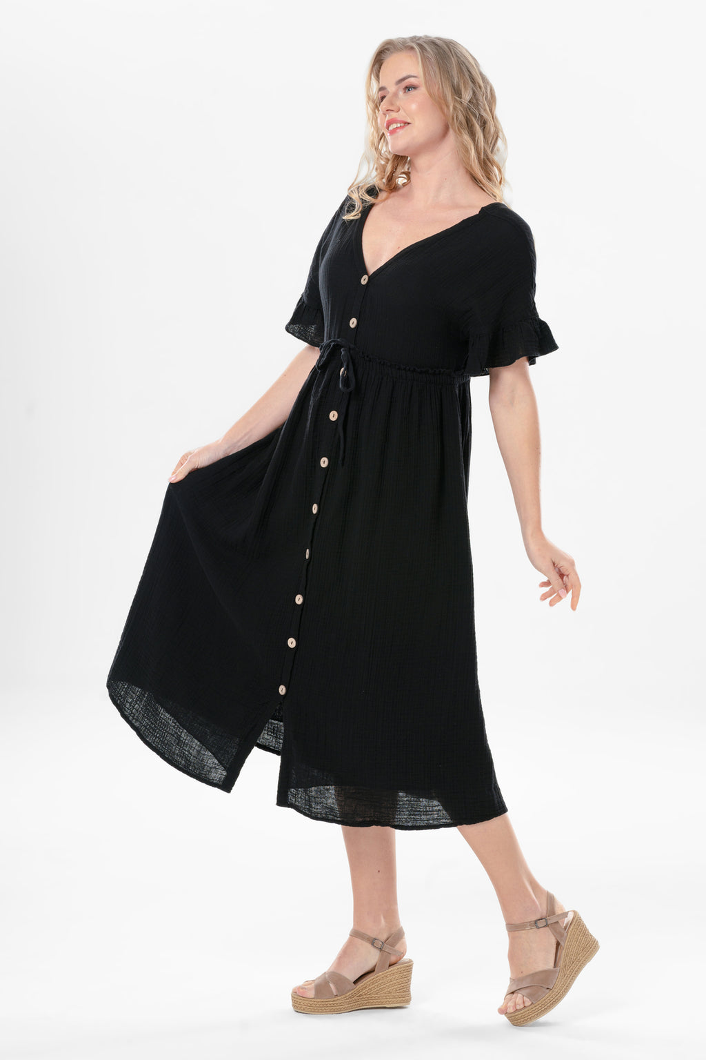 AFR Cotton Muslin Summer Dress in Black - Detail Shot
