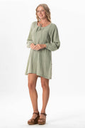 Olive cotton voile long-sleeve dress with gathered seams and loose A-line shape