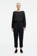 Black cotton crop blouse with long sleeves and wide round neckline