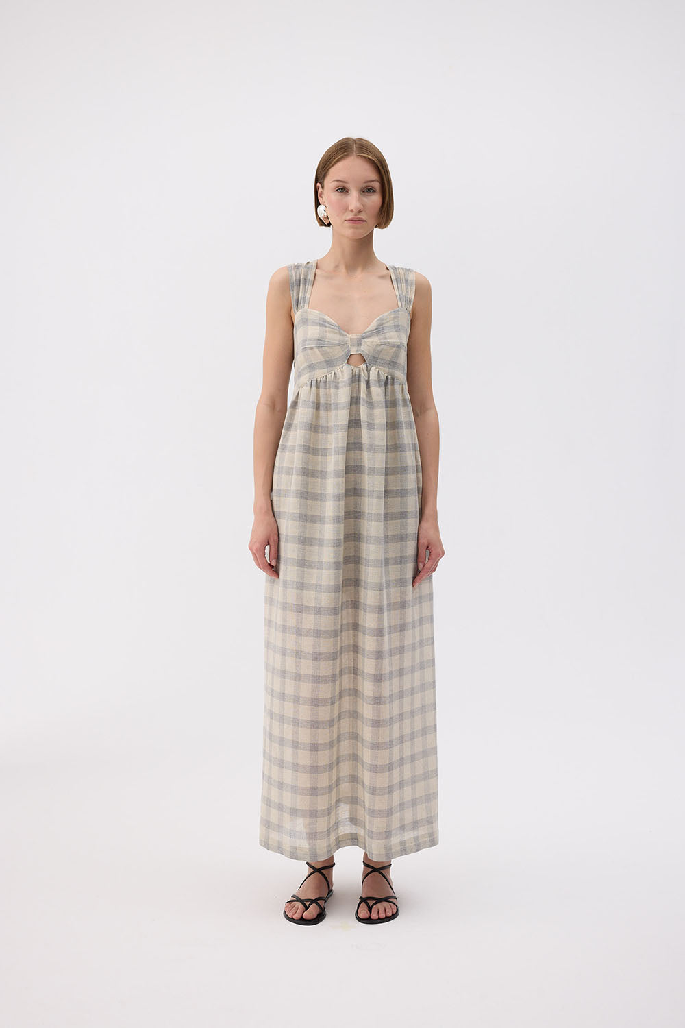 Gray Plaid Strap Dress (3451); 28% Linen 72% Cotton