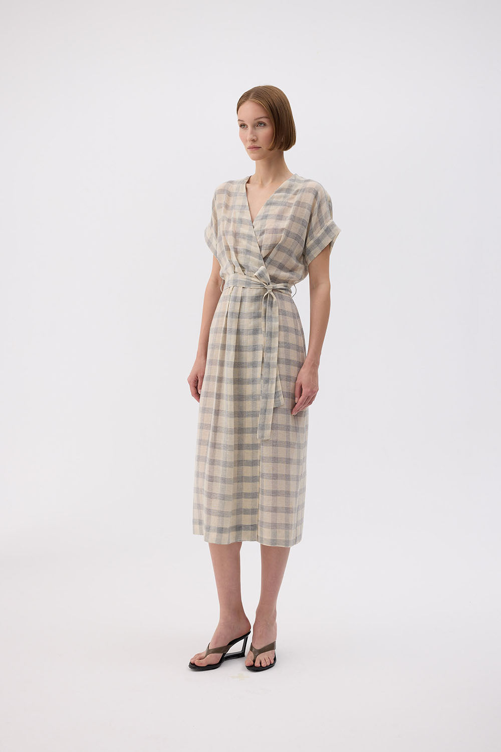 Gray Plaid Wrap Dress (3452) 28% Linen 72% Cotton