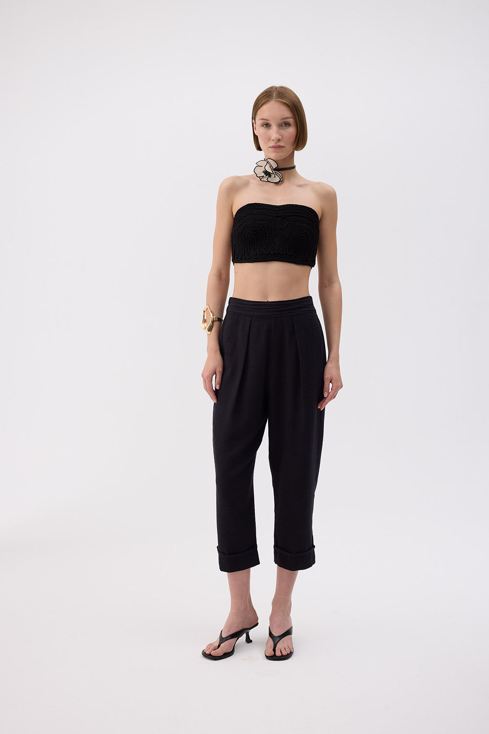 IKIKIZ women's black cotton-linen pleated trousers