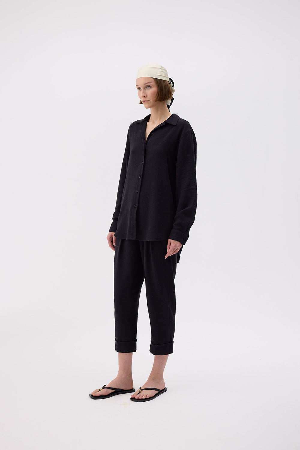 IKIKIZ women's black cotton-linen oversized shirt