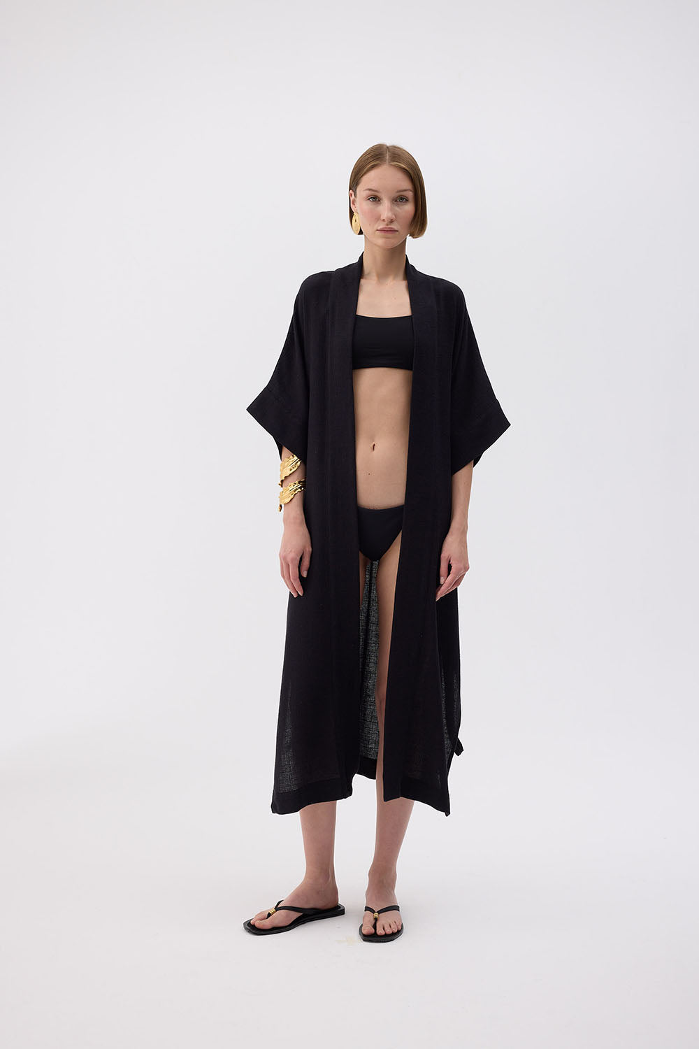 IKIKIZ unisex black cotton-linen kimono