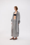 IKIKIZ grey cotton-linen checkered kimono with open front and long sleeves