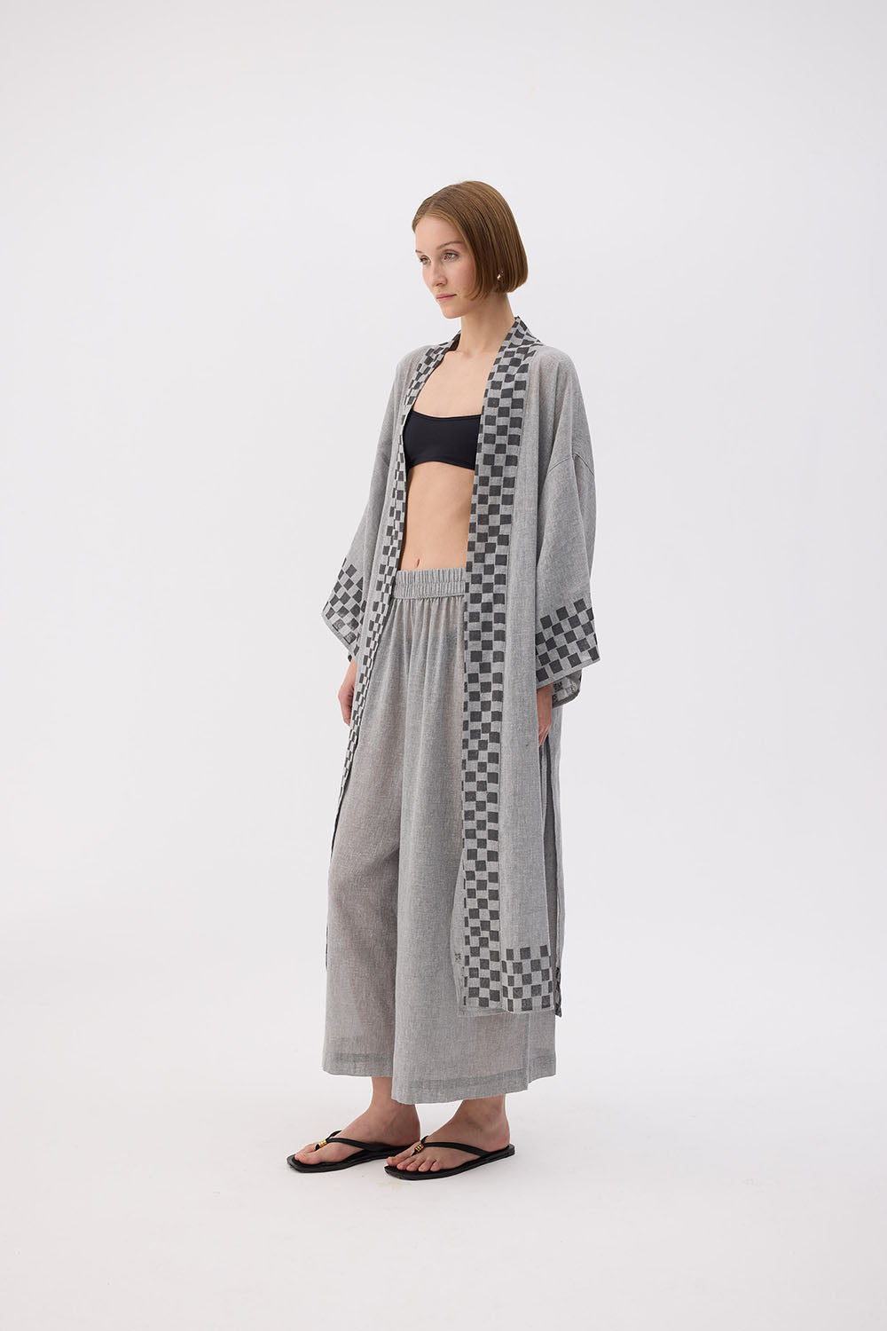 Gray Checkered Kimono (3466) 30% Linen 70% Cotton