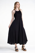 Cotton maxi dress, sleeveless round neckline, black A-line maxi skirt