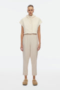 IKIKIZ teddy crop waistcoat, sleeveless cream fleece with button front and high collar