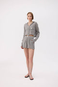 IKIKIZ grey cotton-linen crinkle shorts with elastic waistband, above-knee length