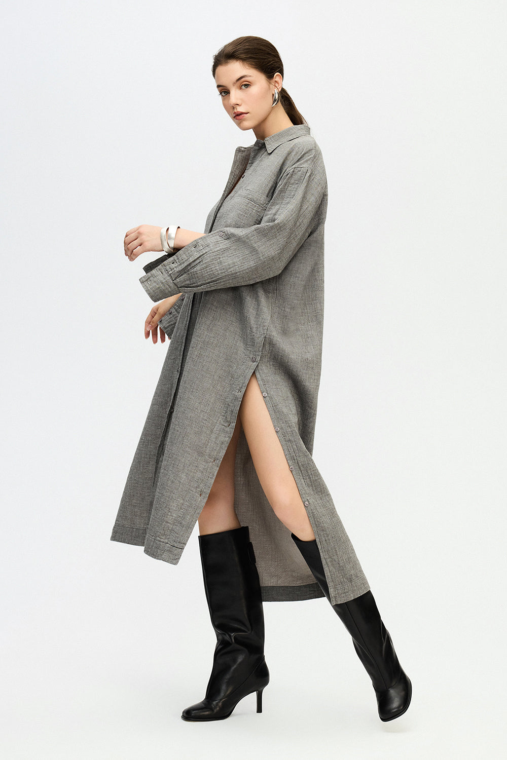 Fulmarix women's grey long shirt dress with long sleeves and button details