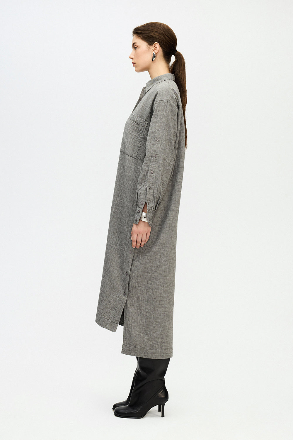 Fulmarix women's grey long shirt dress shown from the side