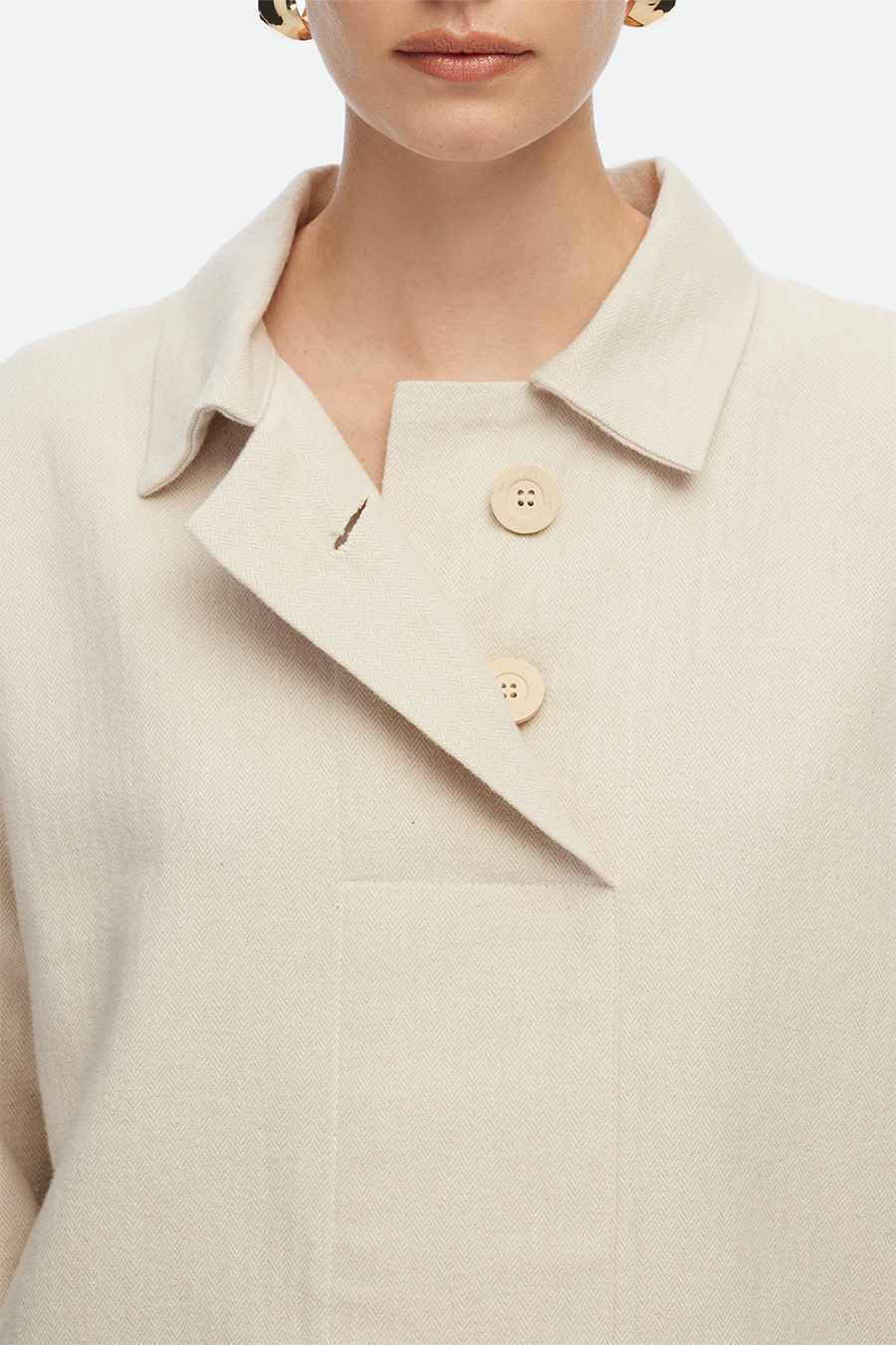 IKIKIZ women's cream cotton herringbone polo top with collar and button detail