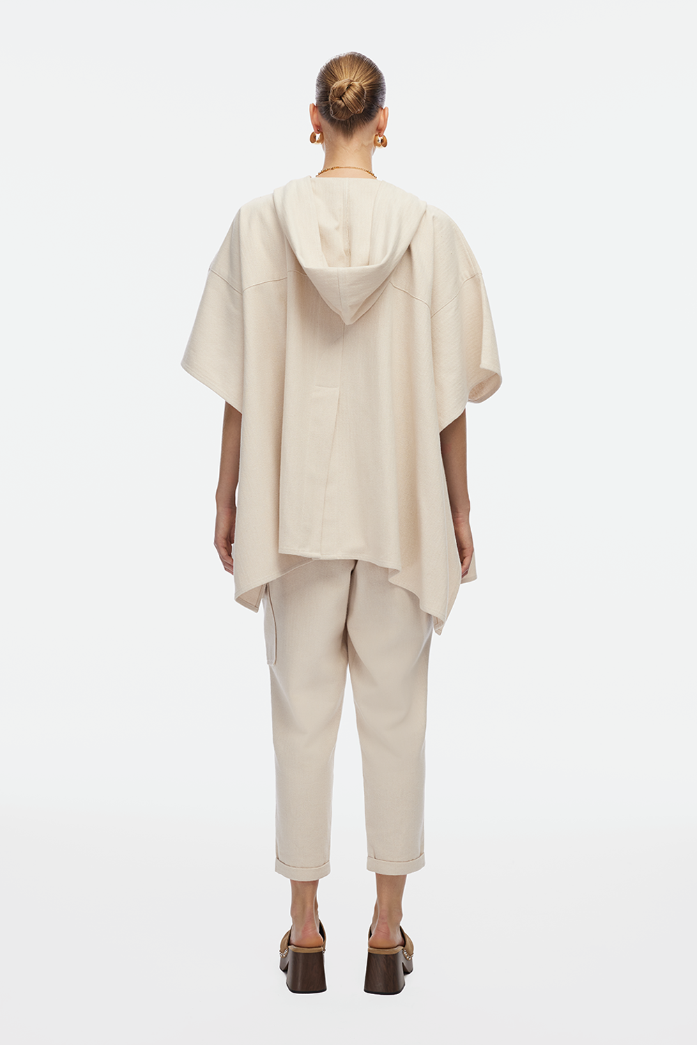 IKIKIZ women's cream cotton hooded poncho, back view