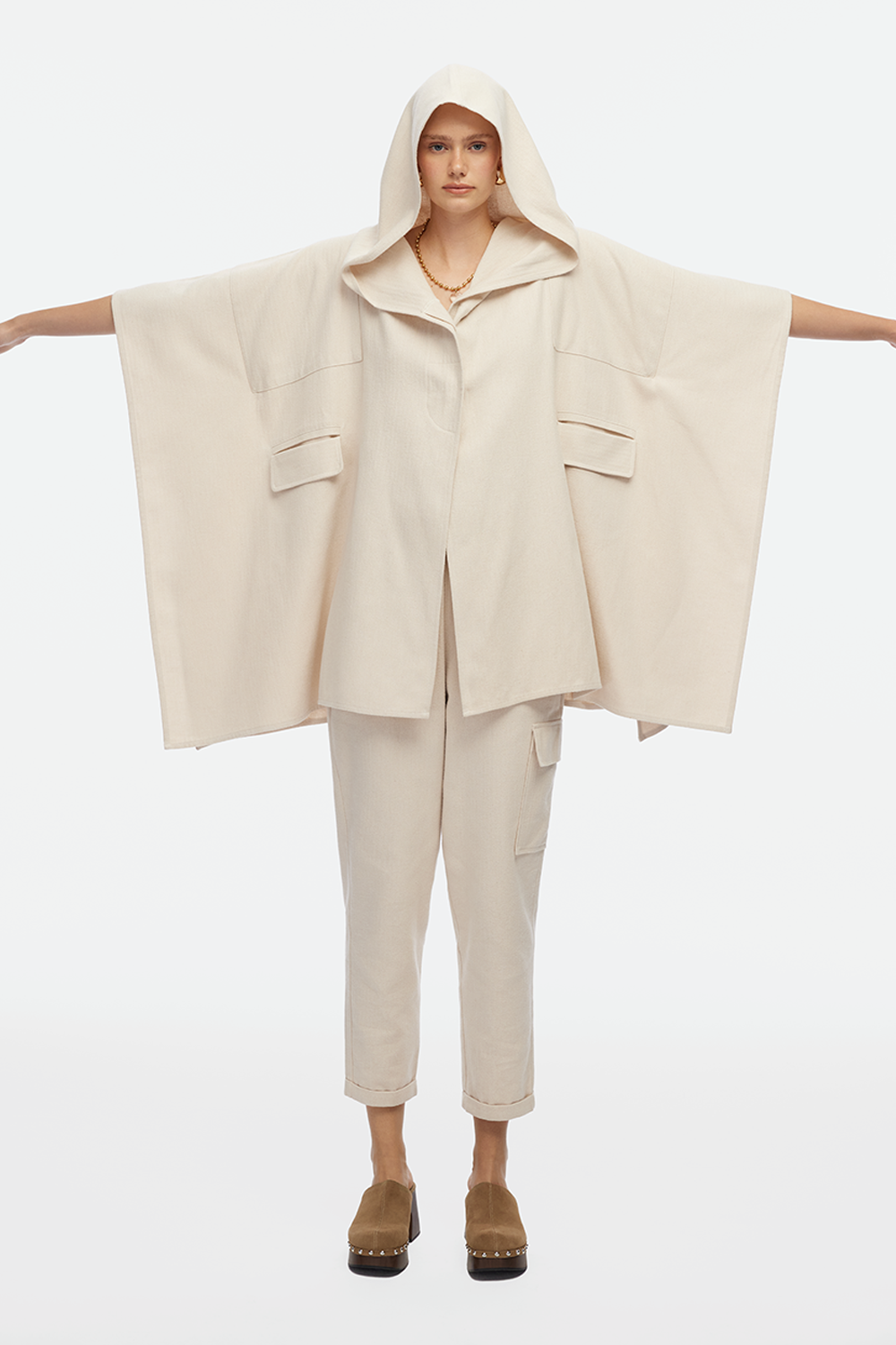 IKIKIZ women's cream cotton hooded poncho, front detail view
