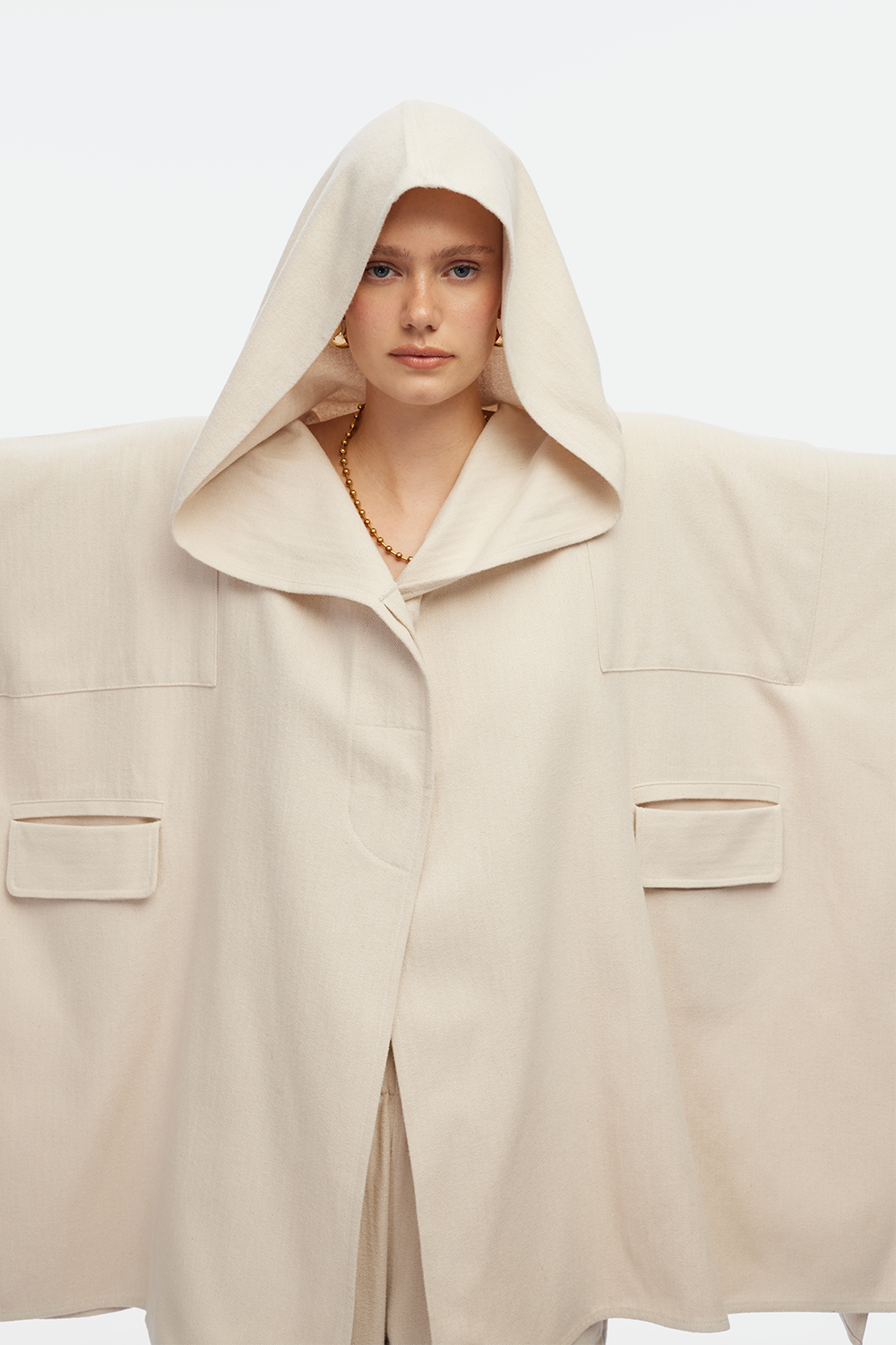 IKIKIZ women's cream cotton herringbone poncho with hood and front pockets