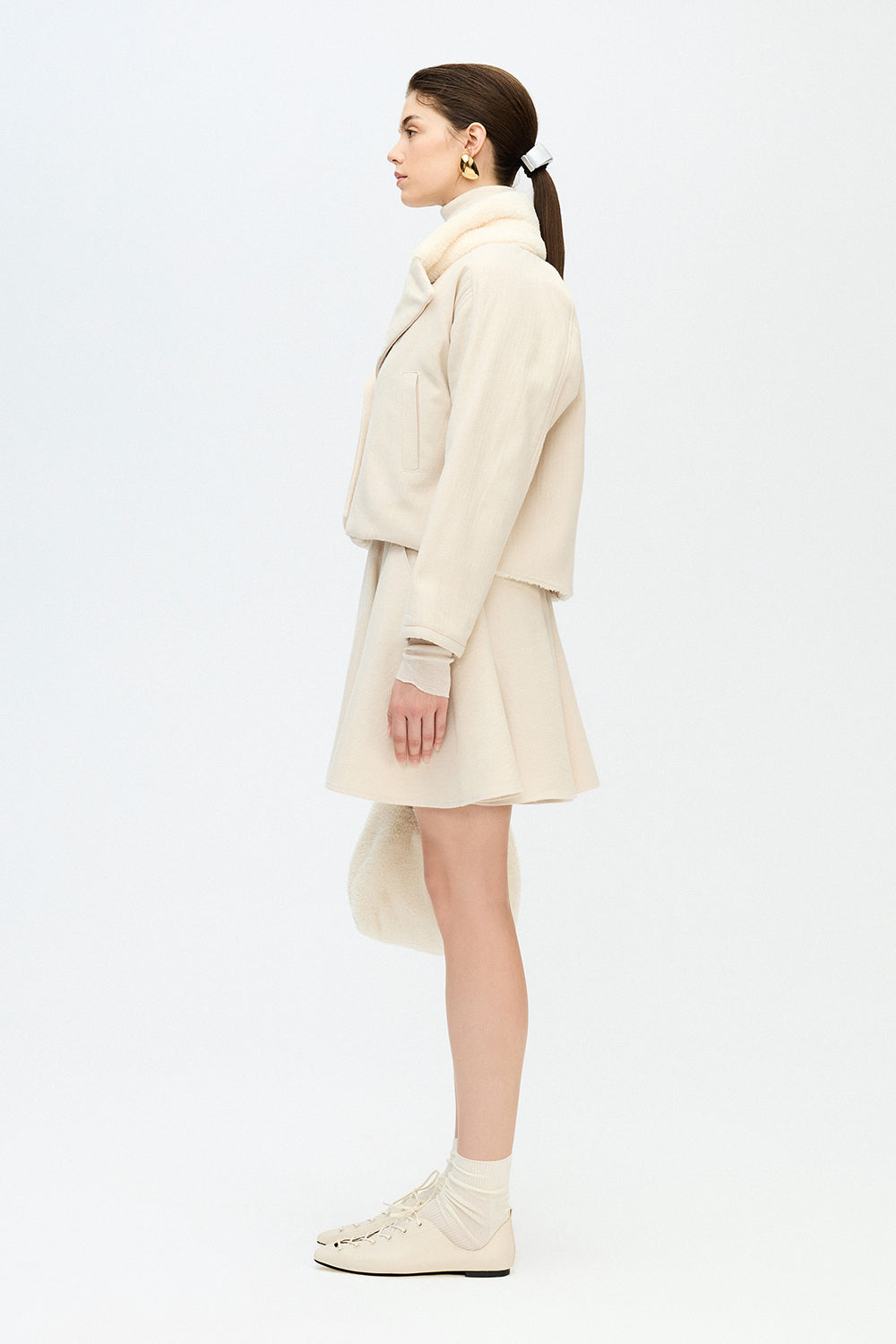IKIKIZ women's cream cotton herringbone sherpa jacket, side view