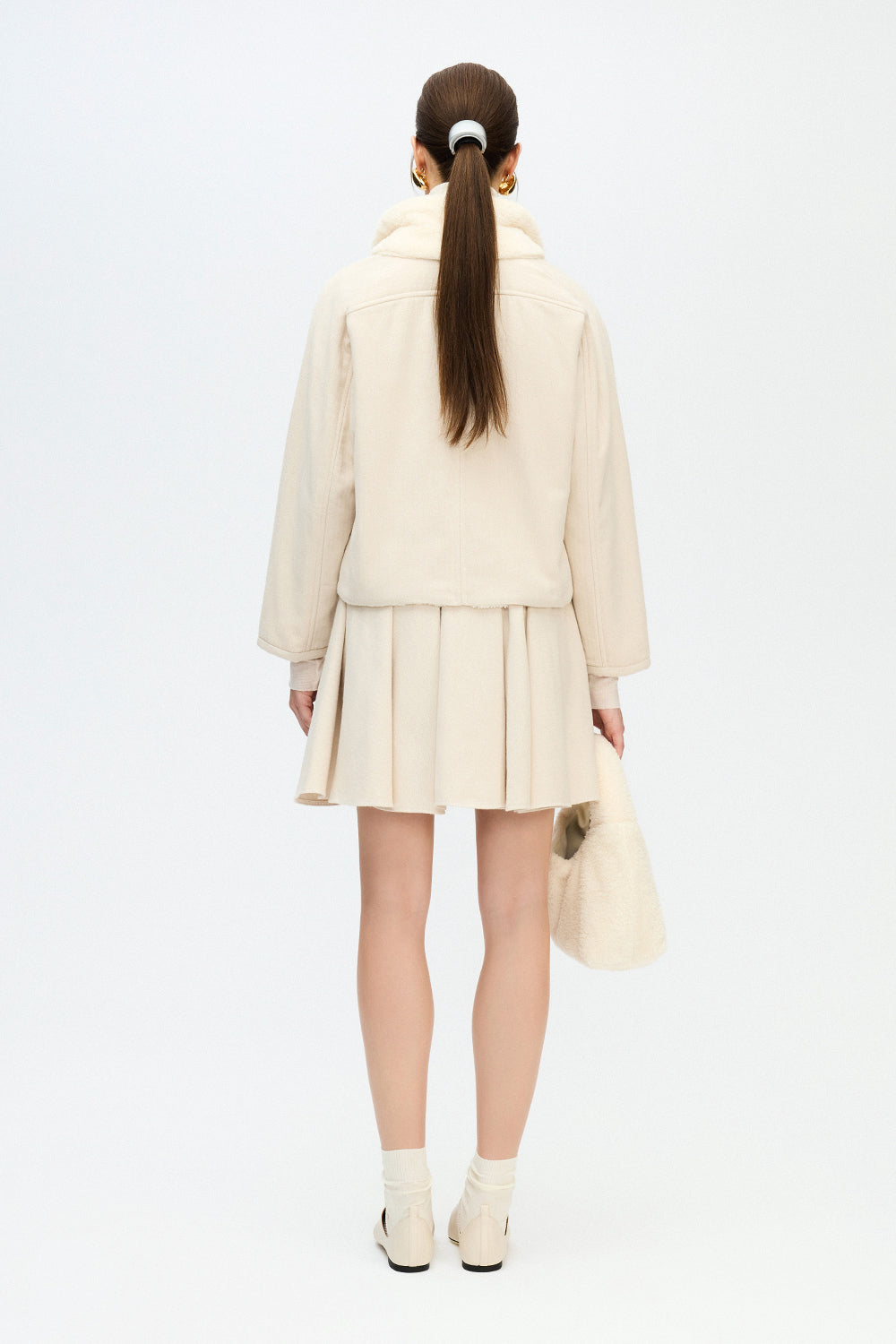 IKIKIZ women's cream cotton herringbone sherpa jacket, back view