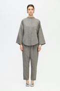 Grey cotton crew neck button-front shirt with long wide sleeves