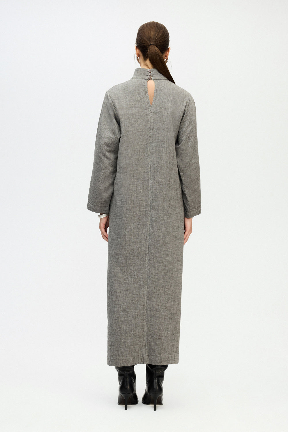IKIKIZ women's grey 100% cotton high-neck dress, back view