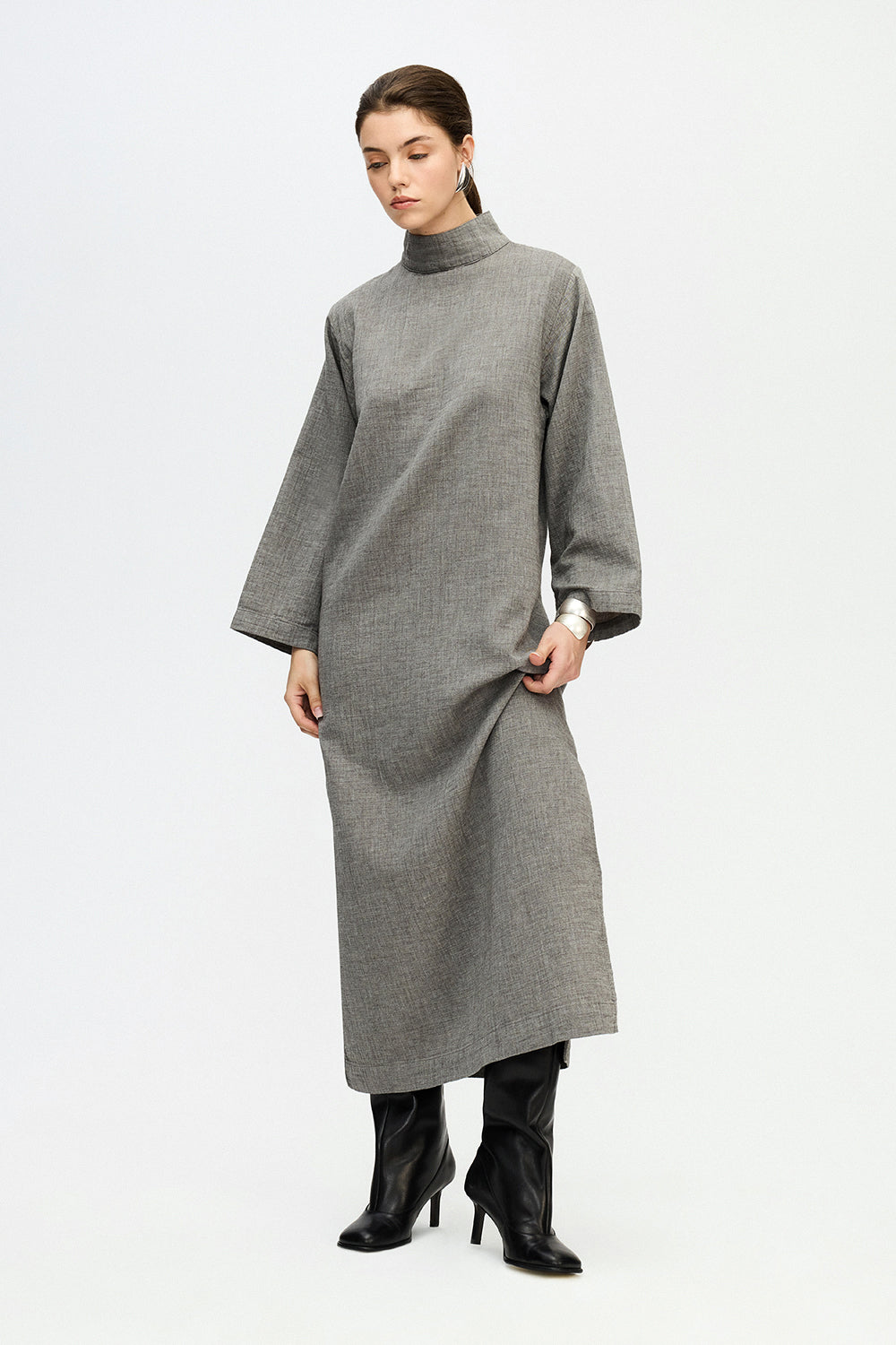 IKIKIZ women's grey 100% cotton high-neck dress with wide sleeves