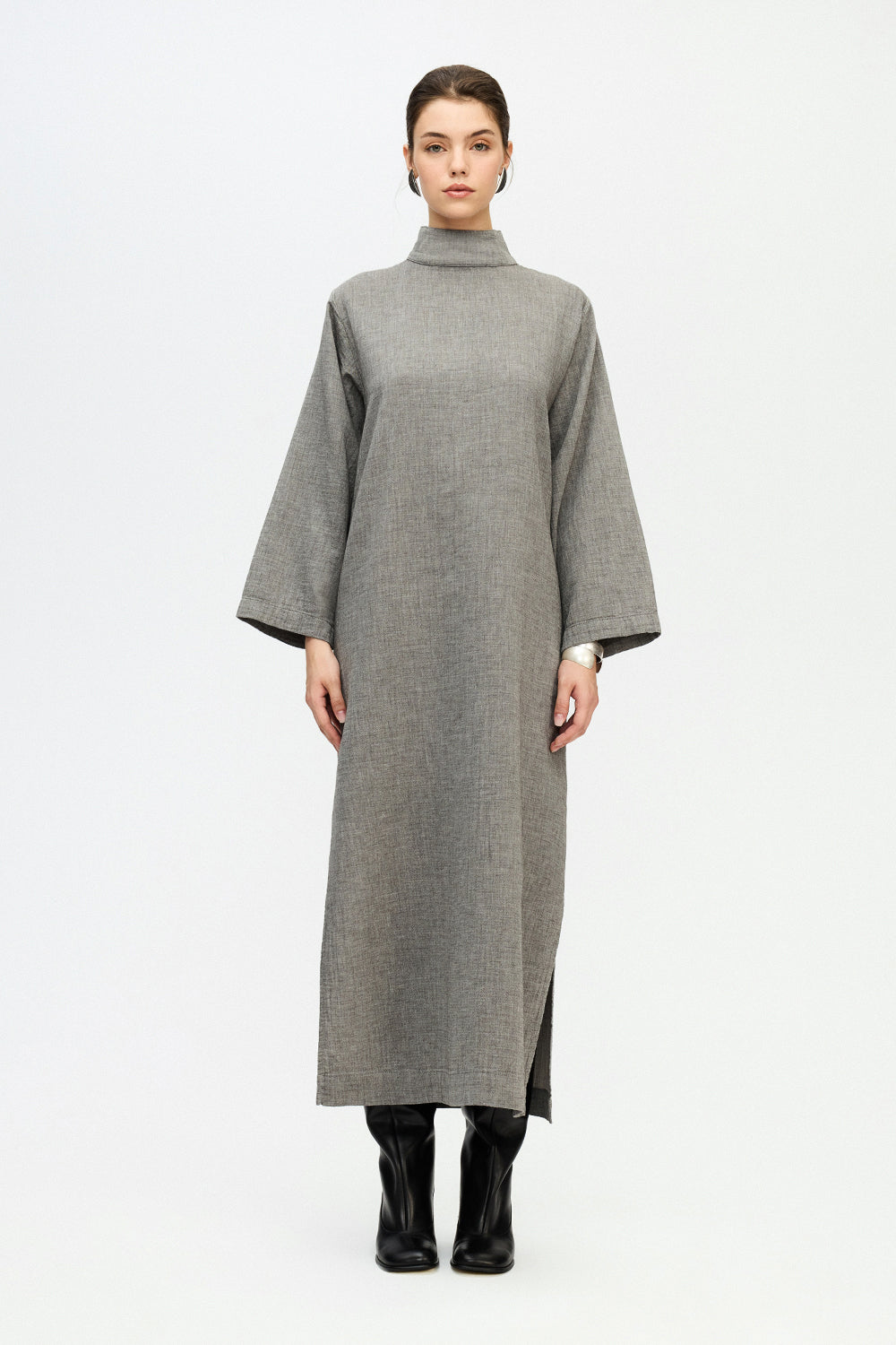 IKIKIZ women's grey 100% cotton high-neck dress, front view