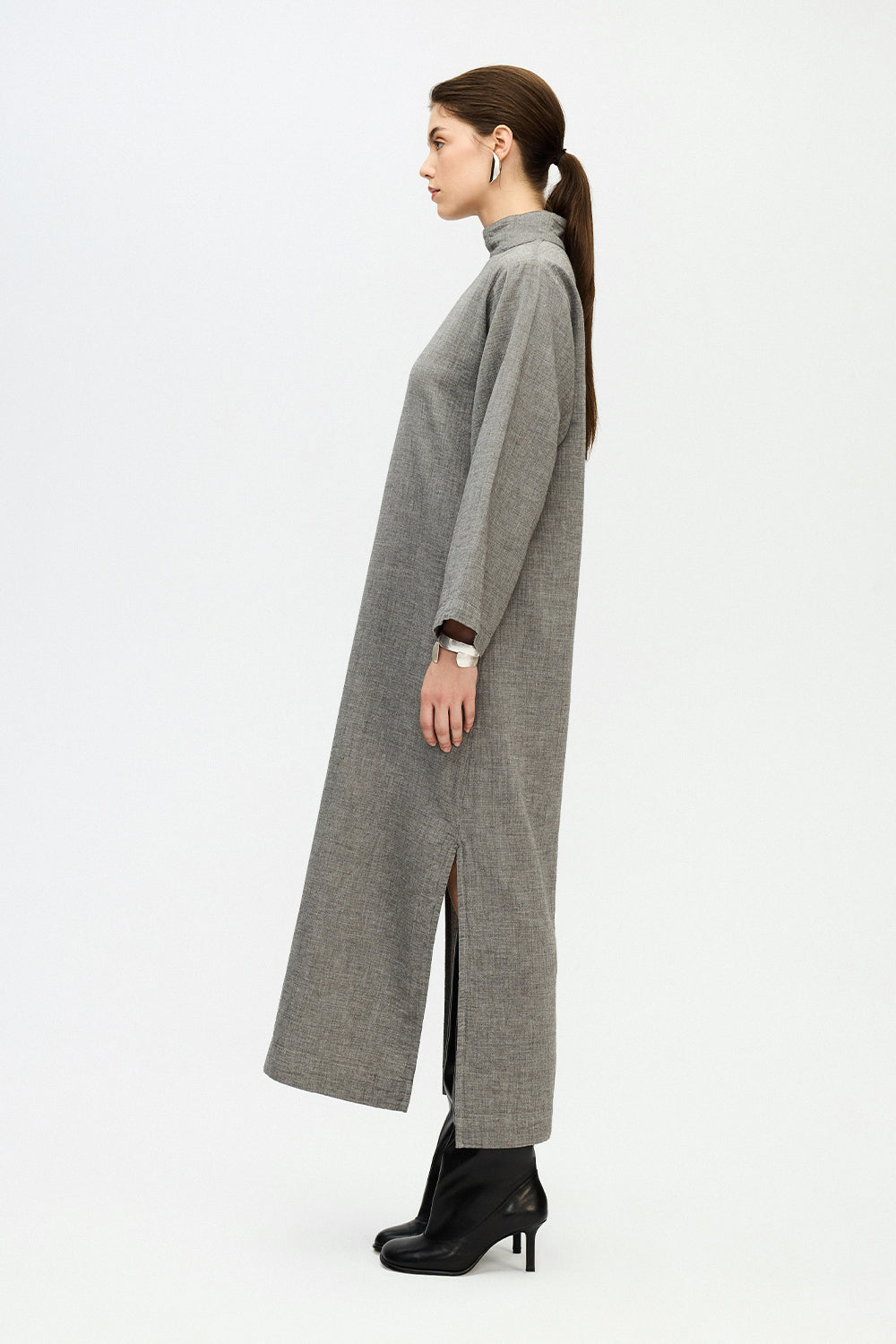 IKIKIZ women's grey 100% cotton high-neck dress, side view
